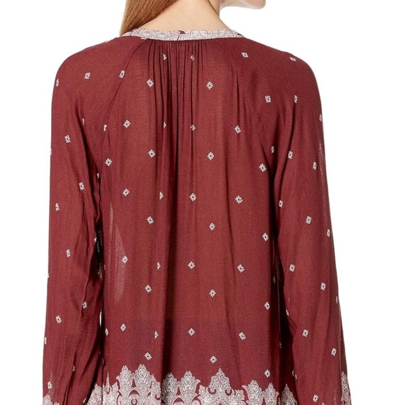 Lucky Brand Burgundy & White Peasant Top Split Neck Blouse L/S Lightweight  M - Picture 5 of 16
